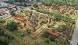 Aerial view of Ayutthaya temple, Wat Ratchaburana, empty during covid, in Phra Nakhon Si Ayutthaya, Historic City in Thailand