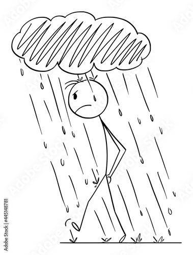 Frustrated Angry Person Walking in Personal Rain With Small Storm Cloud Above Head , Vector Cartoon Stick Figure Illustration