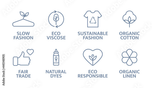 Sustainable clothes line icon set. Slow fashion logo. Eco viscose product badge. Organic cotton, natural dyes, renewable crops label. Fair trade. Conscious development. Vector illustration