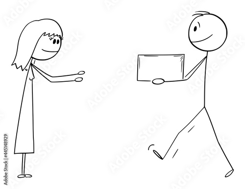 Man or Messenger Carrying or Giving Box or Gift to Woman, Vector Cartoon Stick Figure Illustration