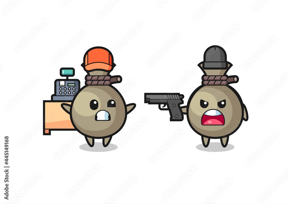 illustration of the cute money sack as a cashier is pointed a gun by a robber illustration of the cute money sack as a cashier is pointed a gun by a robber