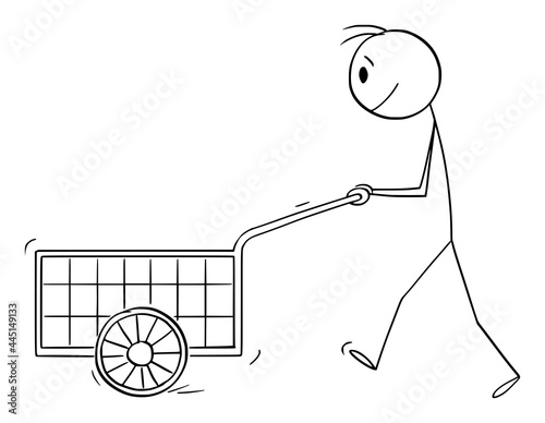 Person Pushing Empty Handcart, Vector Cartoon Stick Figure Illustration