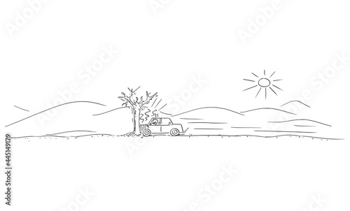 Car Crash Accident into Tree, Driver Hit the Only Tree in Empty Desert, Vector Cartoon Stick Figure Illustration