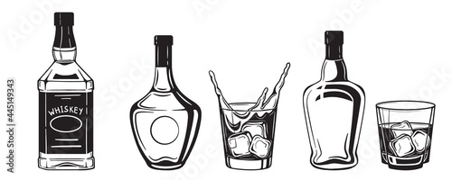 alcohol bottles drinks engraving vector set. Vodka, whiskey and cognac. Isolated black and white vintage style . photo