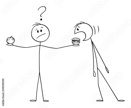 Person Is Holding Apple Fruit and Burger or Hamburger, Thinking About Healthy Eating and Lifestyle, Vector Cartoon Stick Figure Illustration