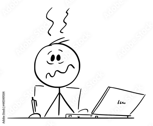 Stressed Overworked Person or Man Sitting Behind Desk Working in Office on Computer, Vector Cartoon Stick Figure Illustration