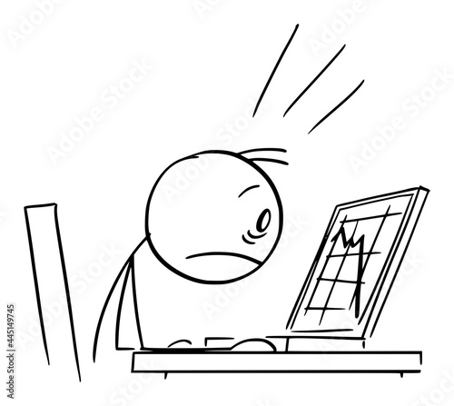 Shocked businessman Watching Falling Graph on Computer Display, Vector Cartoon Stick Figure Illustration