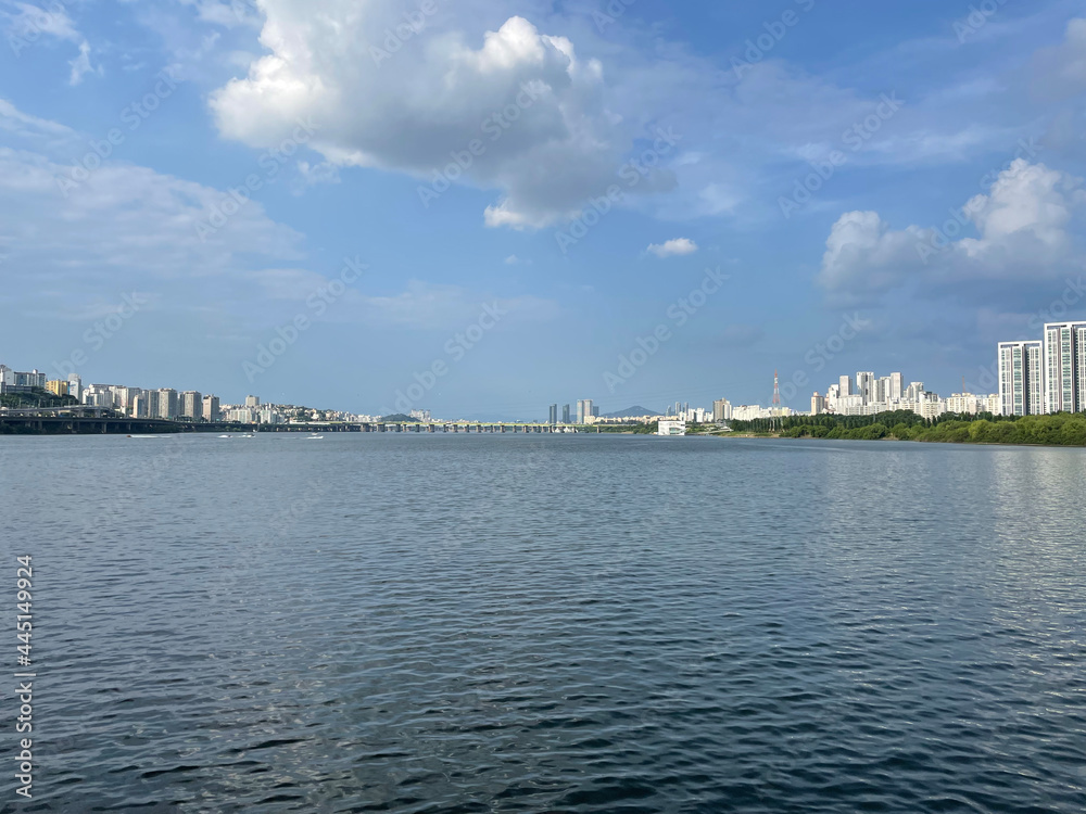 Wide river and sky with clouds
