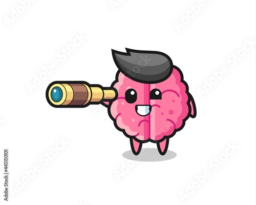 cute brain character is holding an old telescope