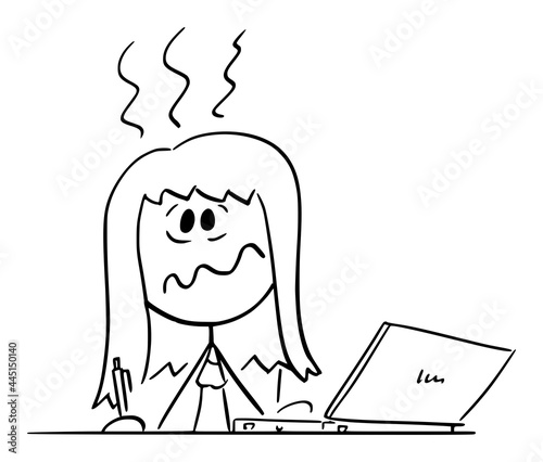 Stressed Overworked Woman Sitting Behind Desk Working in Office on Computer, Vector Cartoon Stick Figure Illustration