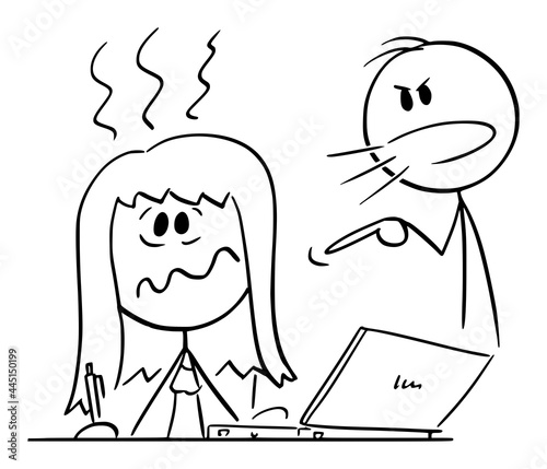 Woman Working at Home Office or Worker Typing on Computer, Husband or Boss is Yelling, Vector Cartoon Stick Figure Illustration