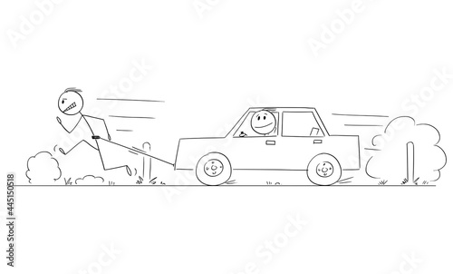Man Running on Road and Pulling Broken Car, Vector Cartoon Stick Figure Illustration