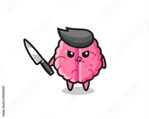 cute brain mascot as a psychopath holding a knife