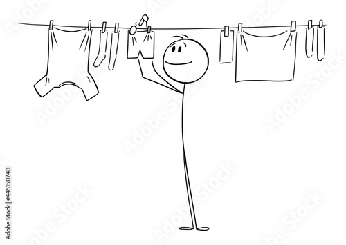 Person or Man Hanging Clean Clothes on Line Using Pegs , Vector Cartoon Stick Figure Illustration
