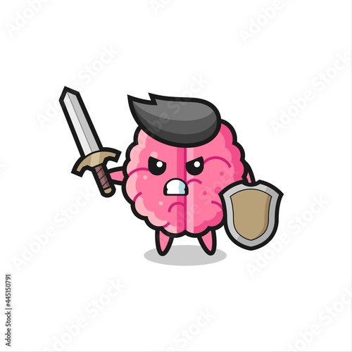 cute brain soldier fighting with sword and shield