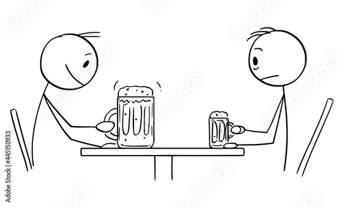 Frustrated Person Drinking Small Beer Is Watching Big Drink of Another Customer, Vector Cartoon Stick Figure Illustration