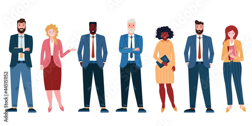 Group of happy employee in office. Afro American and Caucasian business team in casual. Multicultural people is standing. Aged Leader in suit. Community of different man and woman.