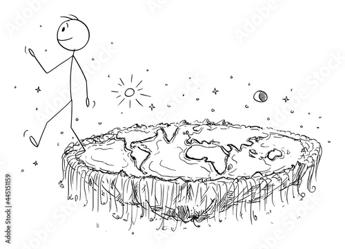 Flat Planet Earth Conspiracy, Person Falling Over the Edge, Vector Cartoon Illustration