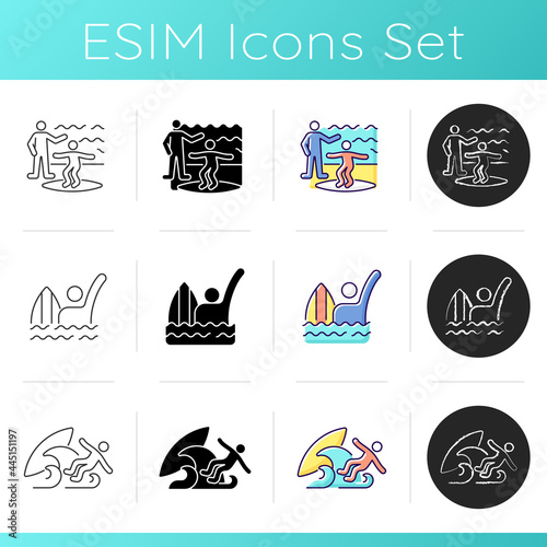 Photography Surfboarding icons set