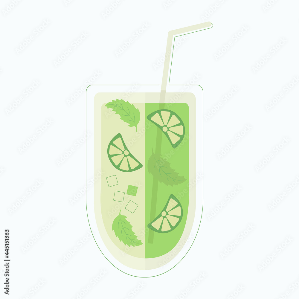 A flat illustration depicting a mojito cocktail, citrus juice in a glass glass with lime slices, a straw and ice cubes. For menus, food illustrations A flat illustration depicting a mojito cocktail, citrus juice in a glass glass with lime slices, a straw and ice cubes. For menus, food illustrations
