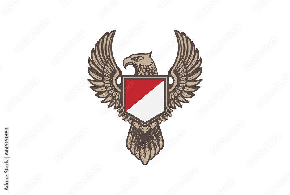 Obraz premium Retro Vintage Eagle Hawk Falcon Garuda Bird with Shield Logo Design Vector