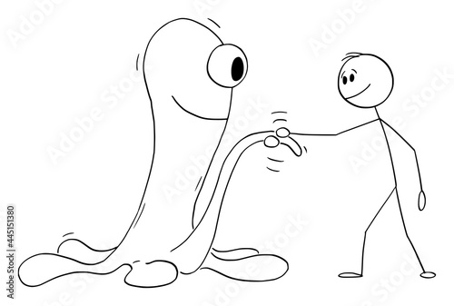 Human Politician or Scientist Handshaking with Alien, Vector Cartoon Stick Figure Illustration
