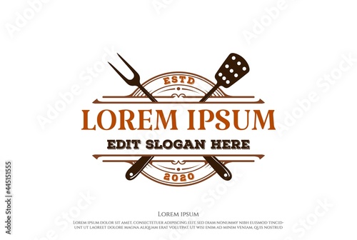 Vintage Retro Rustic BBQ Grill, Barbecue, Barbeque Steak Label Stamp Logo Design Vector
