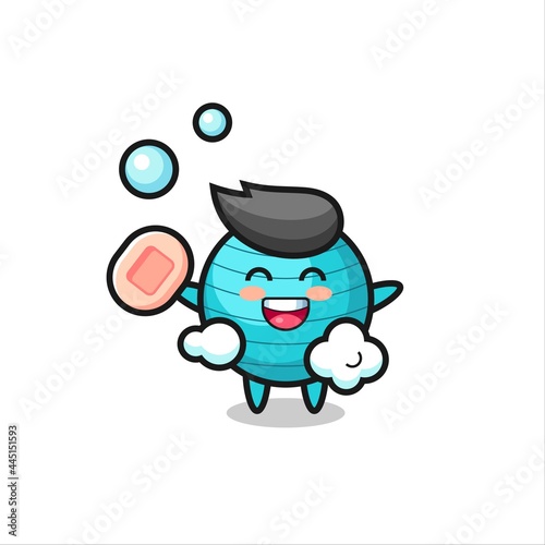 exercise ball character is bathing while holding soap