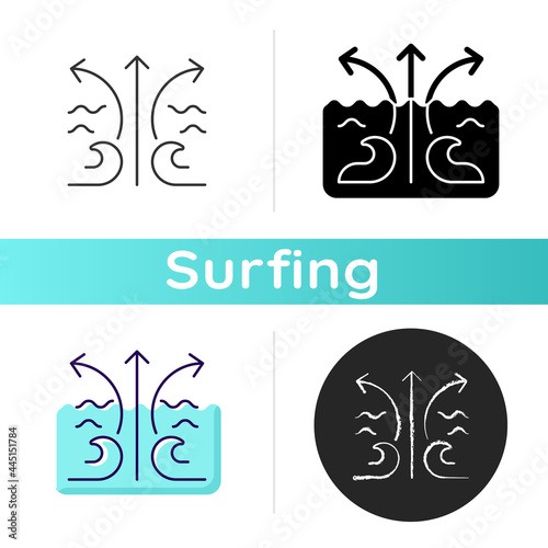 Rip current wave icon. Potential dangerous threat to surfer. Flat spot in waves. Surf zone. Formation from breaking waves action. Linear black and RGB color styles. Isolated vector illustrations