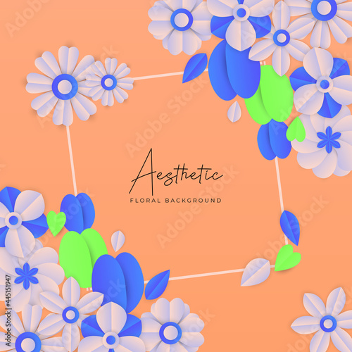 Illustration of paper art flowers and water droplets placed on background. Graphic design for spring season. paper cut and craft style. vector, illustration.