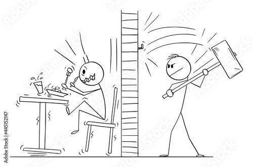 Neighbor Person Nailing Hook Nail by Big Hammer , Vector Cartoon Stick Figure Illustration