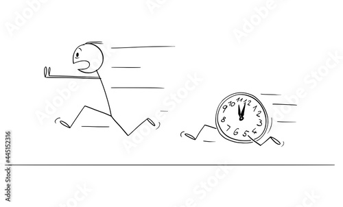 Person Running From Time Clock or Deadline, Vector Cartoon Stick Figure Illustration