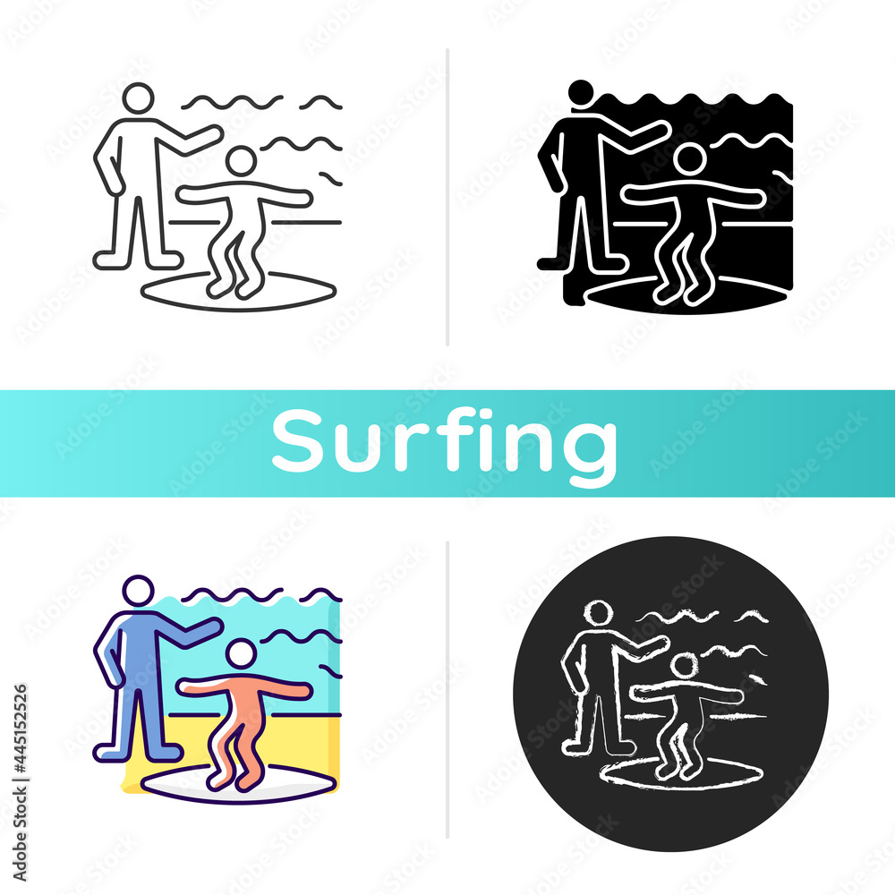 Surfing lessons icon. Taking surf classes from experienced surfer. Learning process. Studying surfing etiquette and tricks basics. Linear black and RGB color styles. Isolated vector illustrations