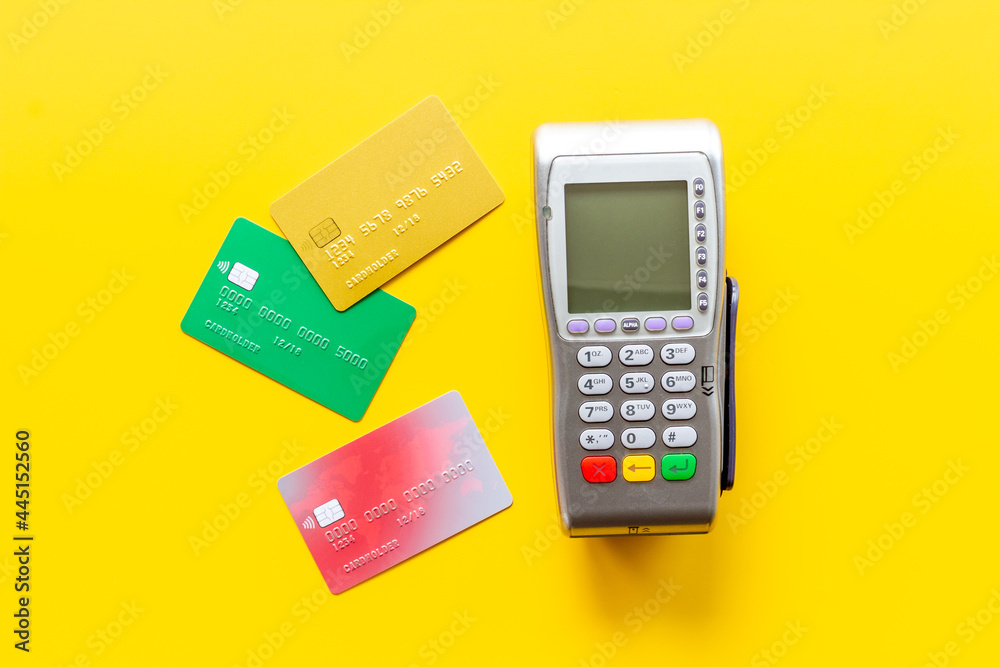 Payment for purchases with credit card. Payment pos terminal top view Payment for purchases with credit card. Payment pos terminal top view