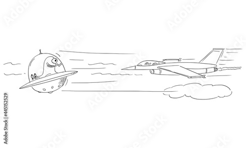 Military Fighter Aircraft Chasing Alien UFO, Vector Cartoon Illustration