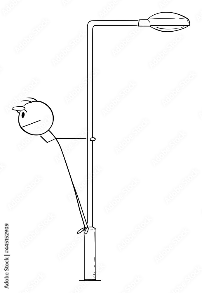 Person or Businessman Standing on Street Lamp and Watching, Vector Cartoon Stick Figure Illustration
