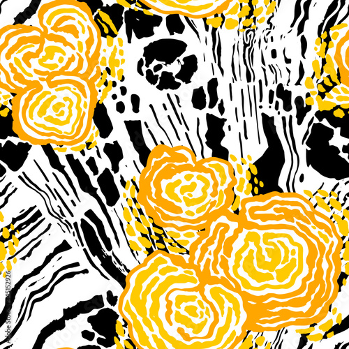 Vector hand drawn wood texture and mushrooms background. Illustrated by ink brush pen. Seamless texture template for print, textile design, fabric, home decor