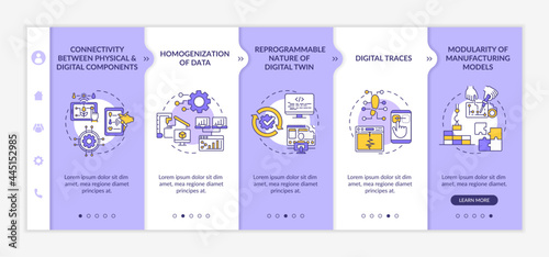 Digital twin characteristics onboarding vector template. Responsive mobile website with icons. Web page walkthrough 5 step screens. Digital traces color concept with linear illustrations