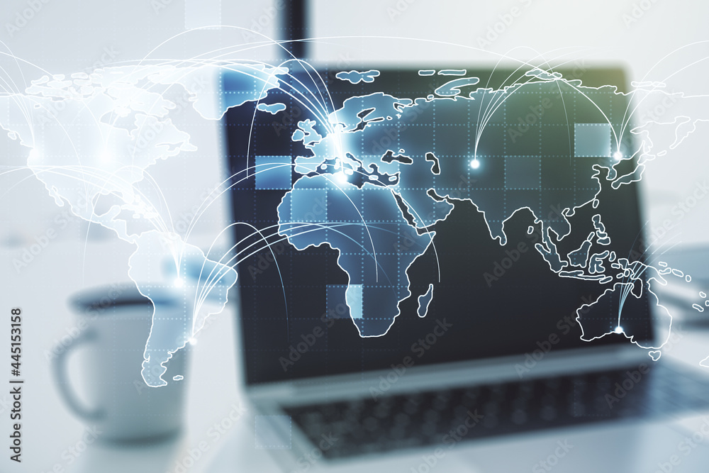 Abstract graphic digital world map with connections on modern computer background, globalization concept. Multiexposure Abstract graphic digital world map with connections on modern computer background, globalization concept. Multiexposure