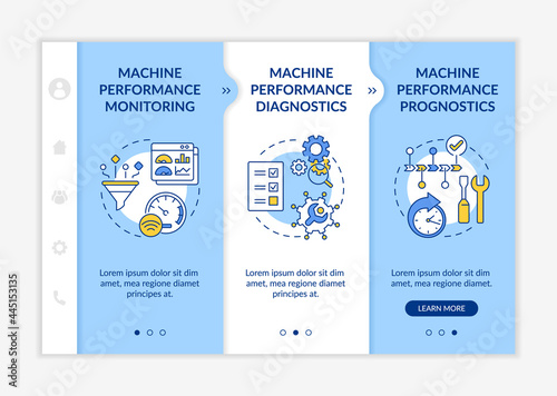 Digital twin tasks onboarding vector template. Responsive mobile website with icons. Web page walkthrough 3 step screens. Machine performance monitoring color concept with linear illustrations