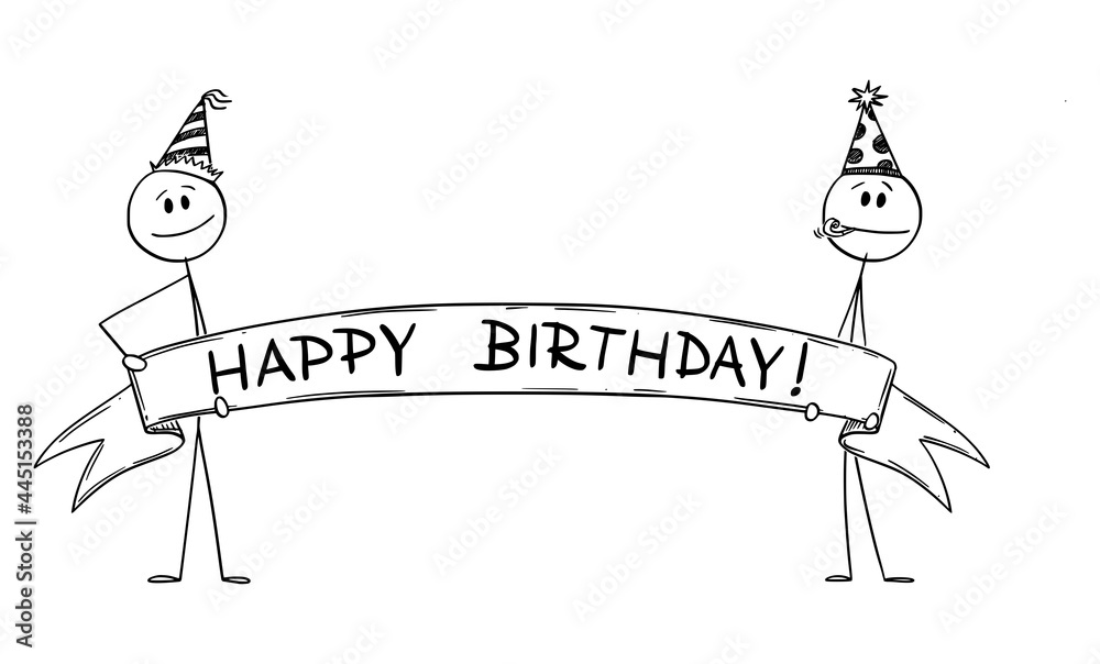 Two Persons Holding Big Happy Birthday Ribbon Sign, Vector Cartoon Stick Figure Illustration