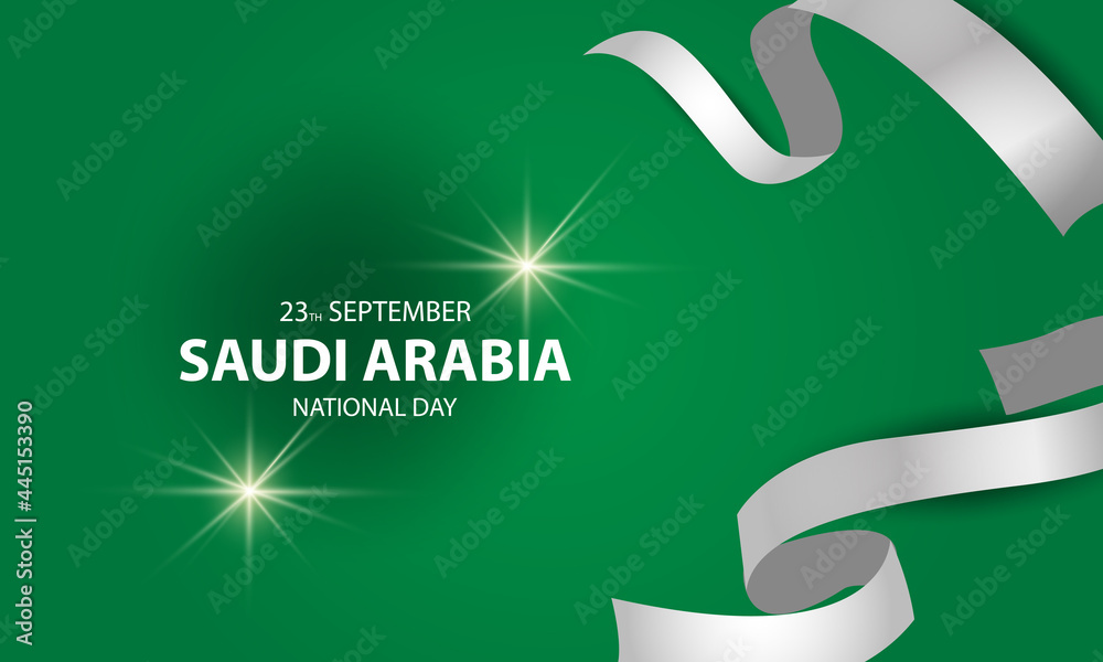 Obraz premium Saudi Arabia National Day 23 September. Saudi Arabia flag celebrates independence day. Ribbons, balloons and fireworks. vector illustration