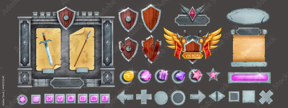 Fantasy Game Vector Icon Set, Medieval UI Game Badge, Wooden