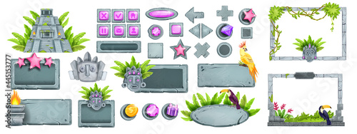 Stone UI game button set, rock Maya jungle menu panel frame kit, Aztec tiki mask, Mexican pyramid. User interface square tablet, arrow design element. Cracked granite tile sign board, stone game asset
