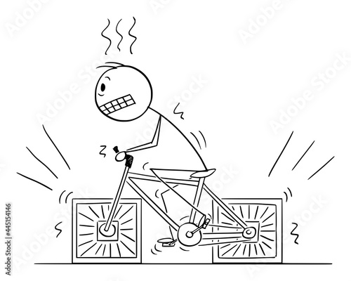 Person Riding Bicycle With Square Wheels , Vector Cartoon Stick Figure Illustration