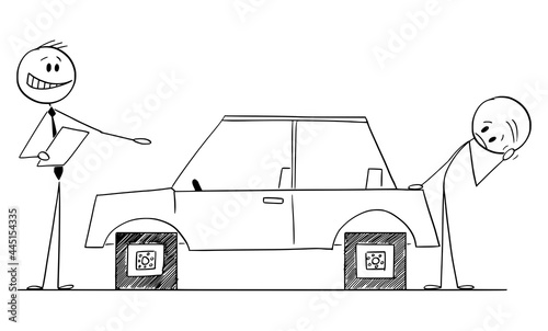 Car Salesman Selling Car With Problem to Customer, Vector Cartoon Stick Figure Illustration