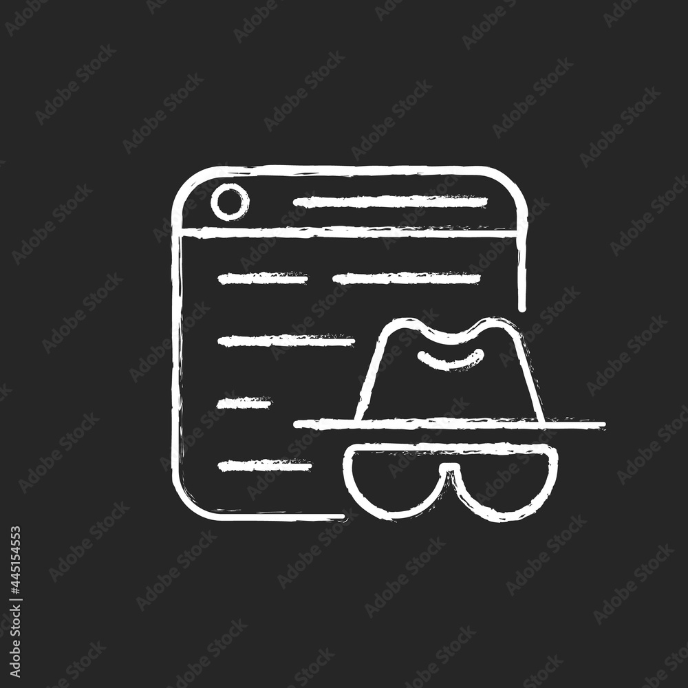 Private browsing chalk white icon on dark background. Keeping browsing activity secure. Being anonymous. Incognito Internet surfing. Not leaving trace. Isolated vector chalkboard illustration on black Private browsing chalk white icon on dark background. Keeping browsing activity secure. Being anonymous. Incognito Internet surfing. Not leaving trace. Isolated vector chalkboard illustration on black