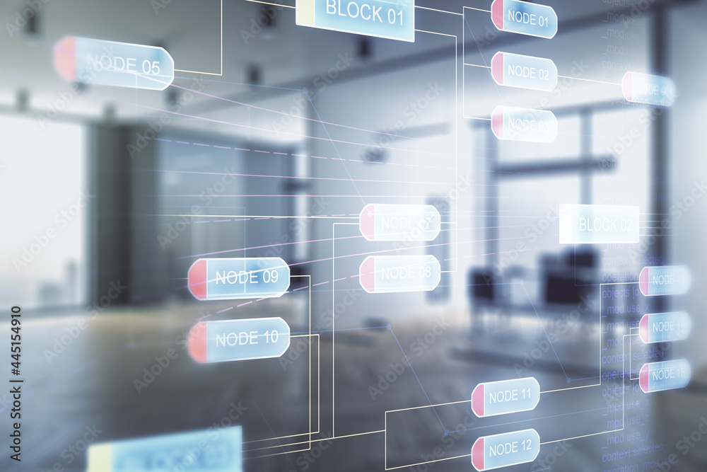 Multi exposure of abstract graphic coding sketch on a modern furnished classroom background, big data and networking concept