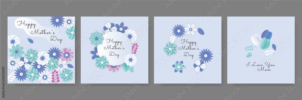 Set of greeting card for mother's day with congratulations text. Cuted paper circle and heart decorated branch of cherry flowers on green background, paper cut style. Vector illustration