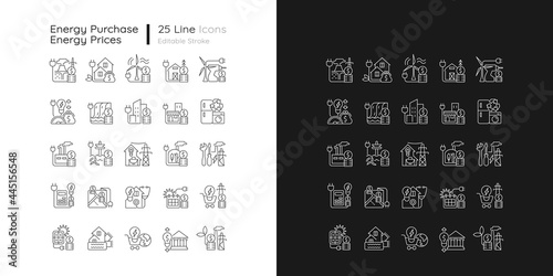 Energy purchase linear icons set for dark and light mode. Utility service payment. Energy prices. Customizable thin line symbols. Isolated vector outline illustrations. Editable stroke